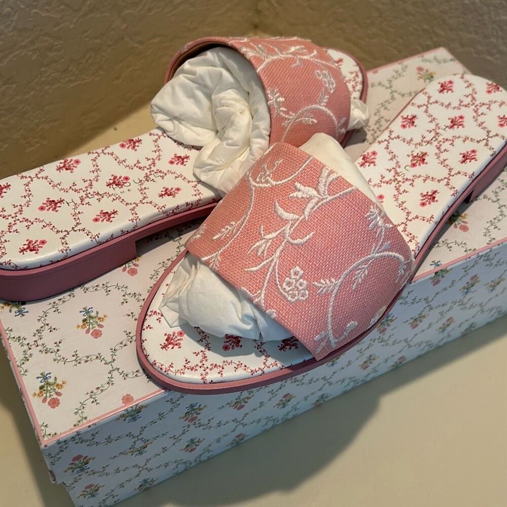 Hill House Womens 10.5 Sandals Summer Slide Embroidered Leather Linen Pink New